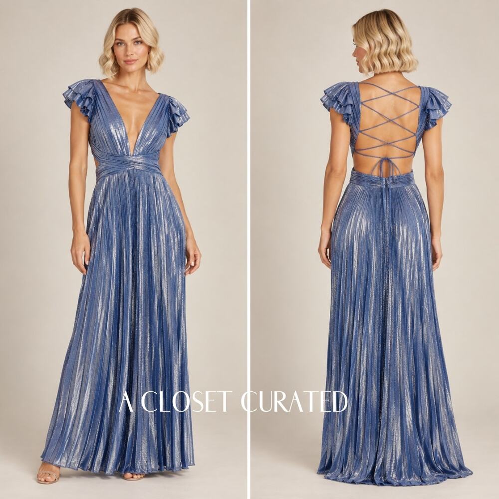 Mac Duggal Ruffle Sleeve Cutout Pleated Metallic Gown 4 Blue NWT Style 27166